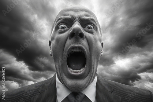 Dramatic Scene of Bald Man Yelling in Cloudy Weather