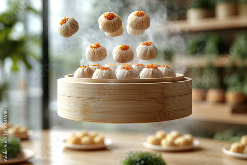 Floating Dim Sum in Bamboo Steamer on White Background