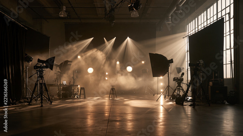 Empty film studio set with dramatic stage lighting, cameras and haze for video production