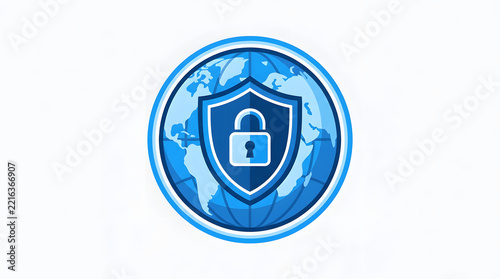 lat vector illustration of a blue globe with a shield and padlock in the center on white background. Concept for cybersecurity, VPN, internet security, data protection, and global online safety.
