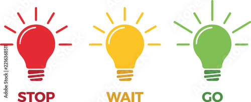 Lightbulb icon set featuring colorful stop wait and go traffic signals
