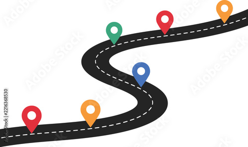 Road icon set featuring a winding black asphalt pathway with colorful