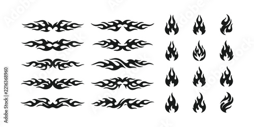 Set of black tribal flame shapes and fire design elements for tattoo art