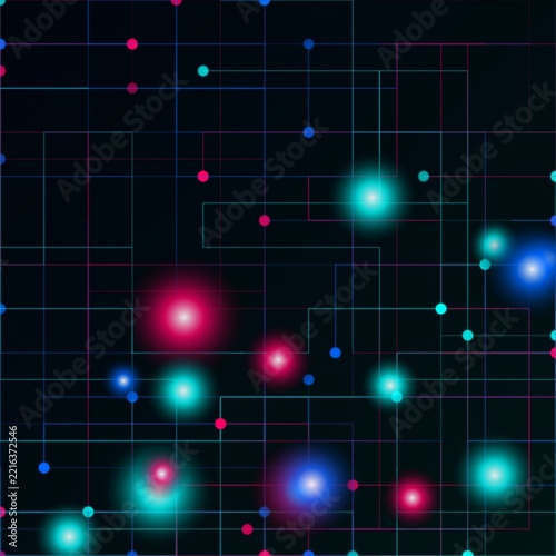 Interconnected digital pathways with bright light points illustration