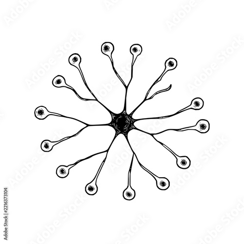 Hand-drawn vector illustration of a neuron nerve cell with radiating dendrites on white background