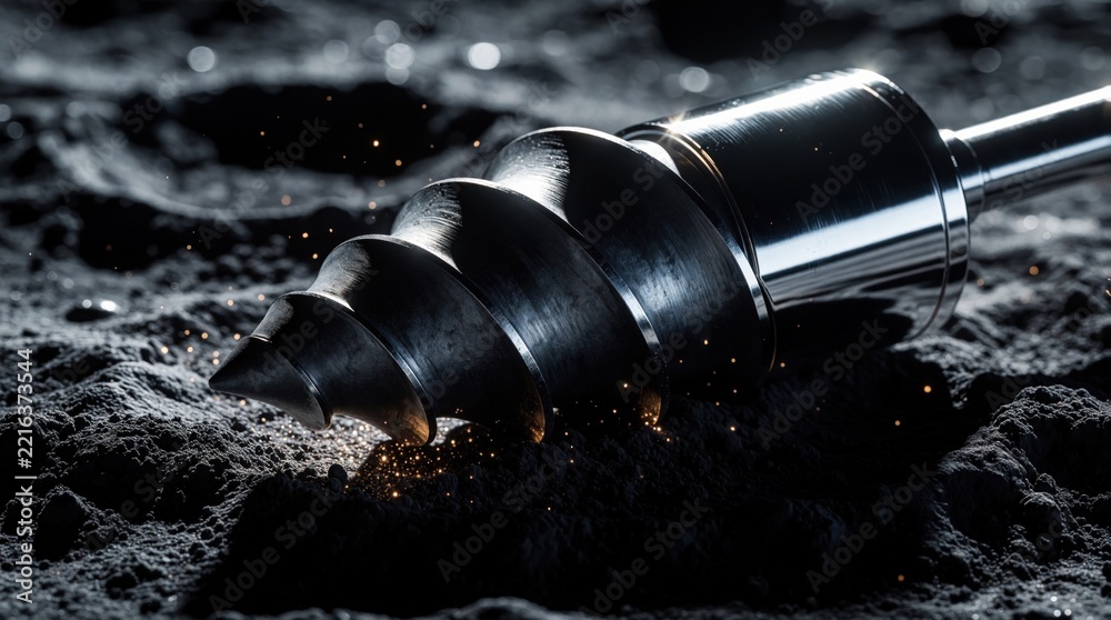 Fototapeta premium Futuristic metallic drill bit pierces dark lunar surface. Glowing dust particles fly near heavy industrial tool. Sci fi concept shows space mining mission on moon. Advanced tech equipment explores