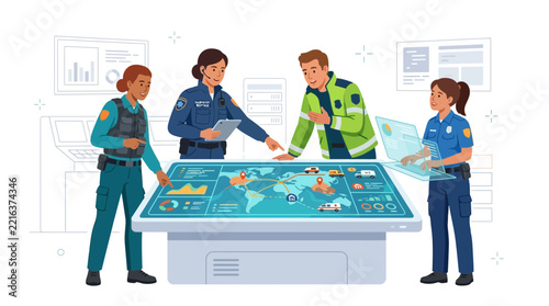 Diverse Team Collaborates Using Futuristic Interactive World Map Display in Command Center