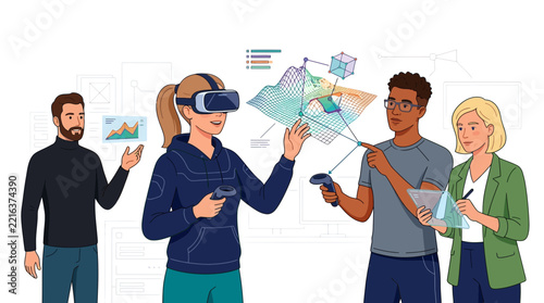 Diverse team collaborates using virtual reality for innovative project development and data visualization