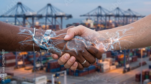 Human and Robotic Handshake Symbolizing Global Trade Automation and Advanced Technological Partnership