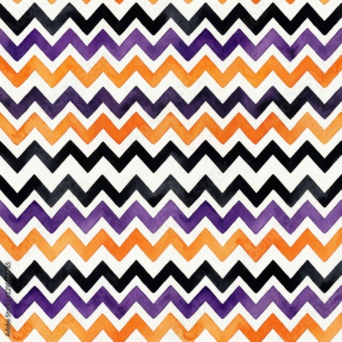 Seamless chevron pattern with vibrant orange purple and black watercolor zigzag stripes design