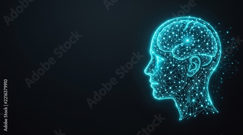 Digital Artificial Intelligence Human Head Silhouette with Glowing Neural Network Connections and Data Processing