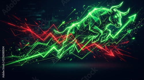 Digital Financial Bull Market Illustration Featuring Glowing Green Growth Trends and Dynamic Stock Market Arrows