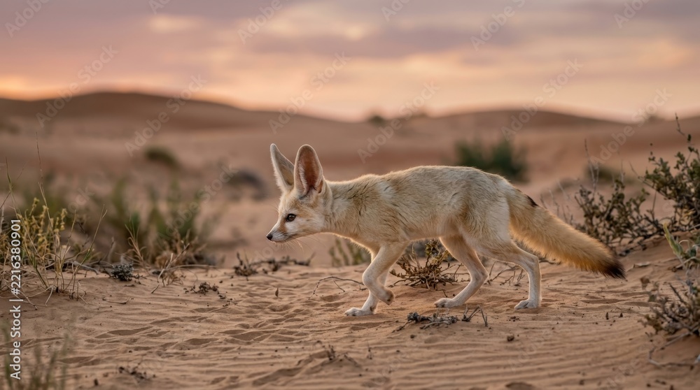 Fototapeta premium A fennec fox walking across the sandy dunes of the desert during a soft golden sunset hour