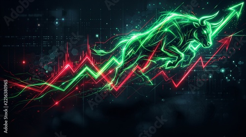 Neon Financial Bull Market Concept with Rising Profit Charts and Growth Arrows for Stock Exchange Investment Analysis