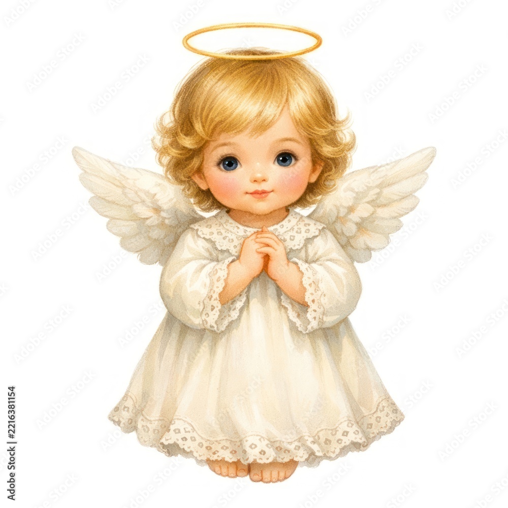 Fototapeta premium Illustration of a cute cherubic angel with wings and a halo, in a white gown.