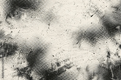 Monochrome halftone grunge texture, distressed dot pattern and grainy noise on off-white paper for vintage print backgrounds and editorial design