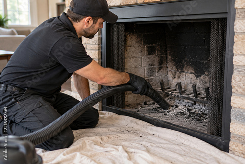 Technician vacuuming soot from fireplace after chimney cleaning