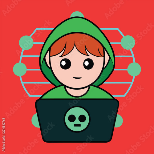 Hacker operating a laptop cartoon icon illustration. Technology icon concept isolated