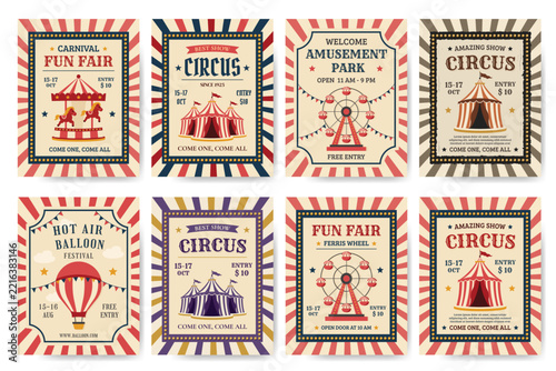 Set of vintage posters for circus, festival, fun fair. Vector illustration.
