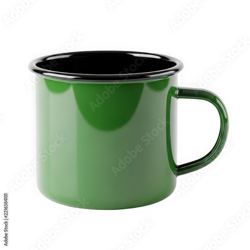 Green enamel mug with black rim isolated on transparent background