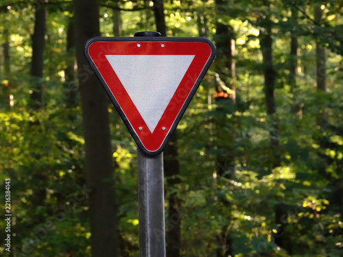 Red and white triangle give way road sign with a forest background