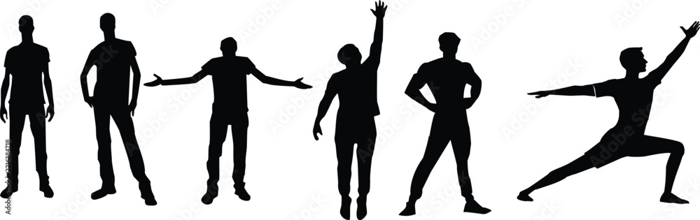 Fototapeta premium Silhouette men posing vector set, standing black male figures collection, isolated full body people shapes for graphic design