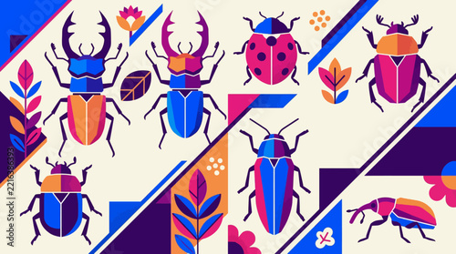 Colorful geometric beetle and insect pattern with ladybug, stag beetle, and abstract plants in flat vector style