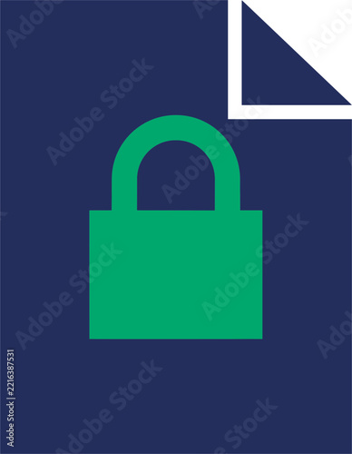 A minimalist flat icon representing a secure document file with a green padlock symbol on dark blue background