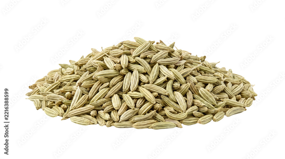 Fototapeta premium Pile of fennel seeds on a black background close up food photography