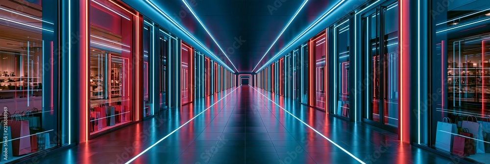 Fototapeta premium Futuristic Shopping Mall Corridor with Neon Lights and Shopping Bags for Black Friday Sales Event