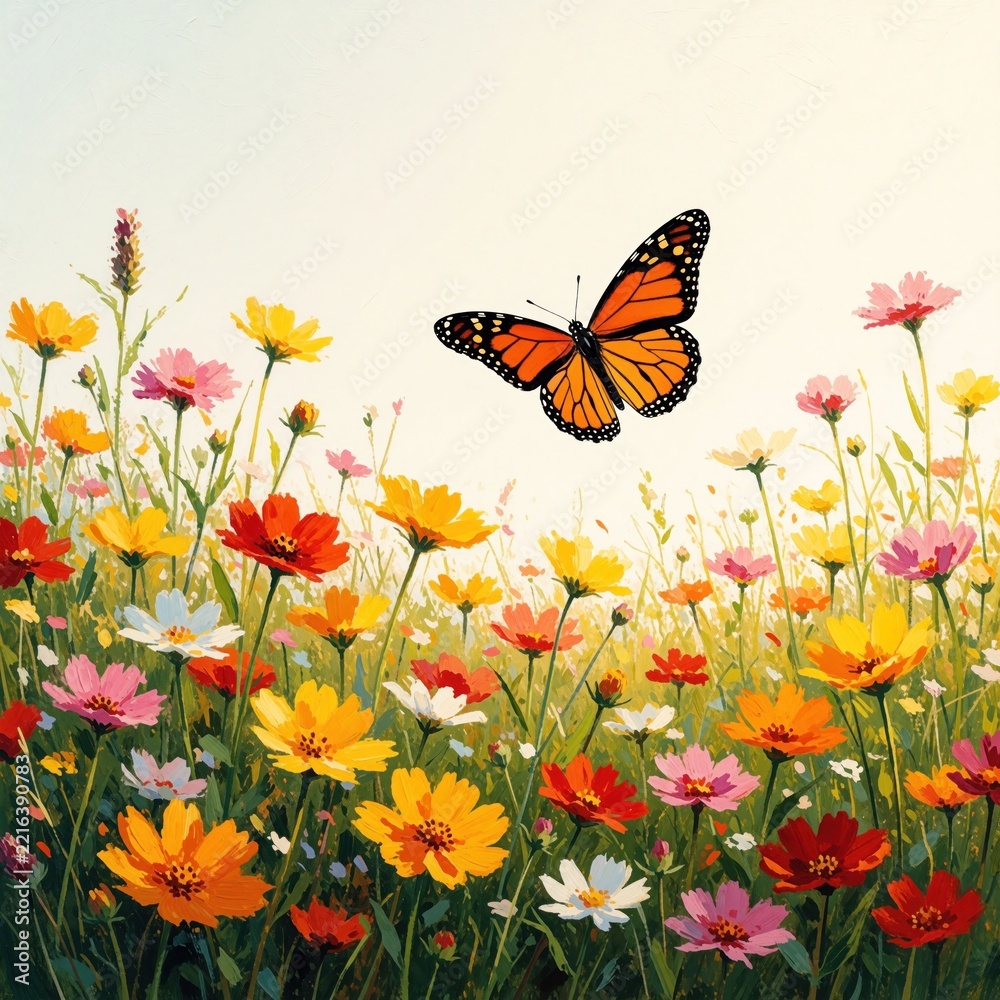 Fototapeta premium Colorful butterfly flies above bright meadow with blooming wildflowers. Orange monarch insect glides over yellow, pink cosmos flowers in spring garden. Sunny nature background with summer flora,