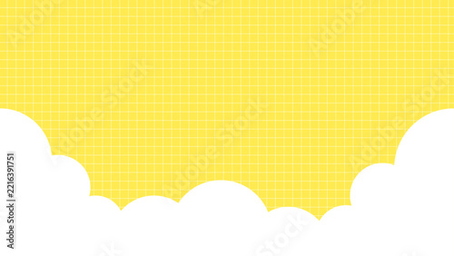 ポップなWebサイトやチラシのバックグラウンドに最適な方眼模様ともくもくフレームの背景素材。バナーに使える黄色のグリッドと雲の背景素材。
