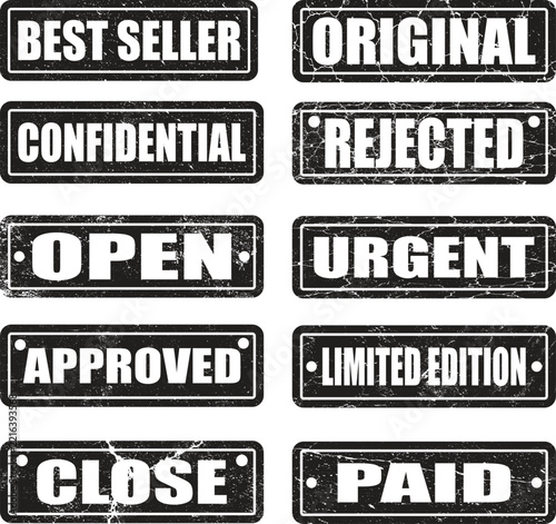 Business Rubber Stamp Vector Set with Distressed Grunge Texture Including Approved, Best Seller, Confidential, Original, and Urgent Isolated on White Background