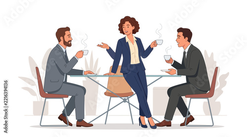 Business meeting and coffee break: three professionals in suits discuss ideas over hot drinks in a modern office setting.
