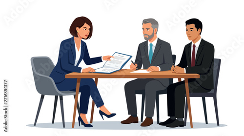 Business Meeting: Diverse Professionals Discussing Documents at a Table, Vector Illustration