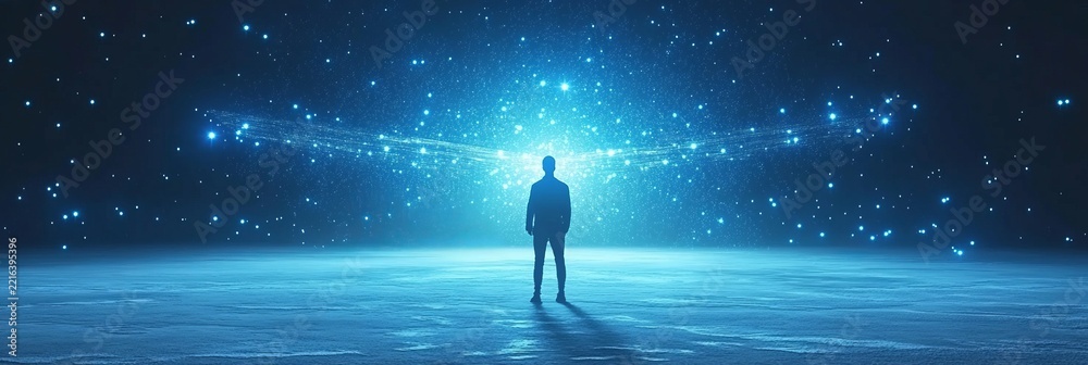Fototapeta premium A Person Standing Before a Glowing Blue Digital Network Constellation in an Abstract Ethereal Space.