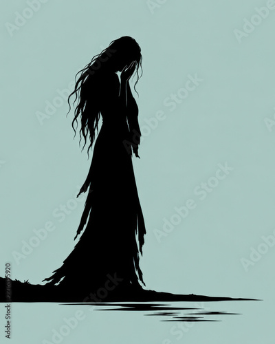 Gothic Shadows in Silhouette — La Llorona Weeping Ghost Woman beside a River, Latin American Folklore Halloween Illustration