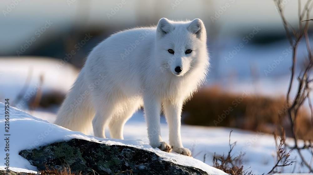 Fototapeta premium A white fox stands alert on a snowy rock in a winter landscape with soft sunlight and blurred background vegetation