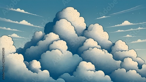 Vintage Hand Drawn Cloudscape Illustration with Grainy Stipple Texture and Blue Sky