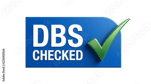 Blue rectangular badge with DBS checked text and a green checkmark indicating background verification