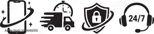 Digital Service, Delivery, Security and Customer Support Black Icons