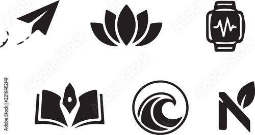 Modern Black Vector Icon Collection with Paper Plane Lotus Smartwatch Book Wave and Letter N Logos