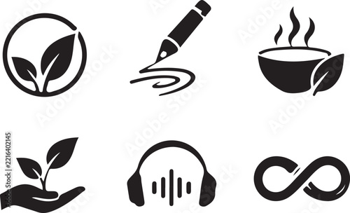 Minimal Black Vector Icon Collection for Nature Creativity Coffee Wellness Audio and Modern Business