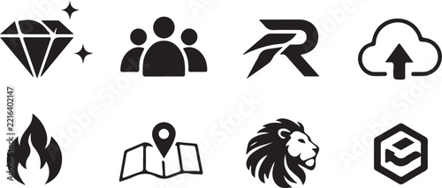 Black Vector Icon Collection with Luxury Diamond Teamwork Cloud Fire Map Lion and Technology Symbols