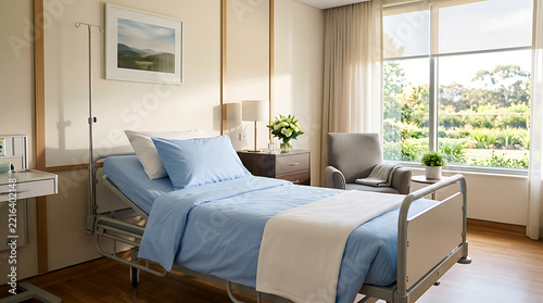 Modern private hospital room with comfortable medical bed, IV pole, and large window overlooking a garden.