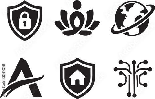 Modern Black Vector Logo and Icon Collection for Security Technology Wellness and Business