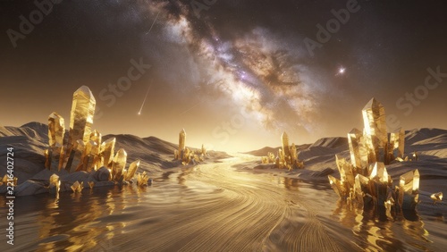 Ethereal Landscape with Golden Crystals Under a Galactic Sky
