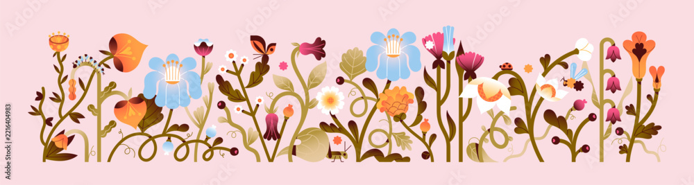 Naklejka premium Banner with abstract spring flowers. Background with blooming spring nature. Floral pattern with meadow plants. Design of banner with abstract summer flowers. Floral art. Pattern with wildflowers