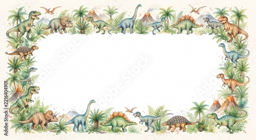 Frame border template of dinosaurs watercolor painting archeology concept