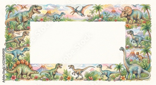 Frame border template of dinosaurs watercolor painting archeology concept decoration graphic